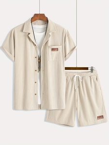 ชุดสองชิ้นเสื้อเชิ้ตแขนสั้นและกางเกงขาสั้นสำหรับผู้ชายชุดสองชิ้นแบบลำลองฤดูร้อนสีเบจ - Product Image 2