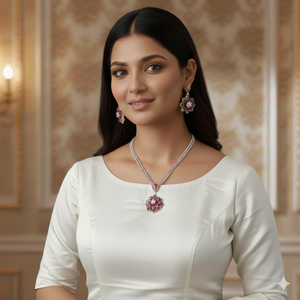 LIGHT FLOWER OF MOISSANITE DIAMONDS AND <b>PINK</b> STONE EARRINGS AND PENDENT <b>SET</b> - Product Image 2