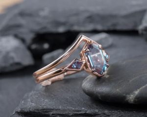 Bague de fiançailles en argent sterling 925 hexagone Alexandrite Style classique plaqué or rose pour fête d'anniversaire de mariage nuptiale - Product Image 4