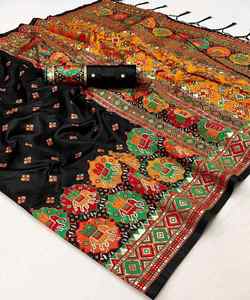 Silk Georgette Saree with <b>Brooches</b> and Stitched Blouse for Indian Traditional Elegant Party Wear <b>Women</b> - Product Image 2