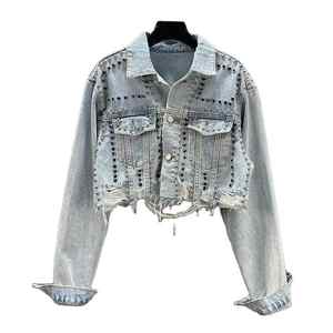 Chaqueta vaquera con tachuelas y remaches de industria pesada para mujer, Colección Primavera Verano 2024, chaqueta vaquera con cuentas de uñas desgastadas, Top para invierno - Product Image 4