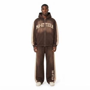 Conjunto de chándal de dos piezas para hombre, estilo streetwear, con sudadera con capucha extragrande con cremallera y pantalones deportivos de pierna ancha, con efecto lavado personalizado. - Product Image 1