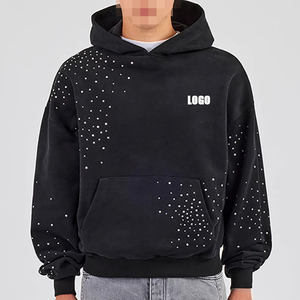 เสื้อฮู้ดดี้โอเวอร์ไซส์ประดับเพชรเทียม ไหล่ตก พิมพ์โลโก้ได้ ผ้าคอตตอนเทอร์รี่คุณภาพสูง หนักแน่น 100% สไตล์สตรีทแวร์ - Product Image 1