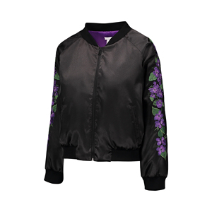 Black Satin Bomber <b>Jacket</b> With Purple Floral Embroidery Full Sleeve Zipper Closure Women's Autumn Fashion <b>Jacket</b> - Product Image 2
