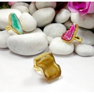 Vintage Casual Brass <b>Ring</b> with Gold Plated Agate Druzy Gemstone <b>Adjustable</b> Opening Trendy Bezel Setting for Gifts - Product Image 5