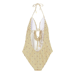 Traje de baño de una pieza para mujer, con cuello halter cruzado, estampado abstracto azul, cintura alta, en spandex y poliéster elástico - Product Image 1