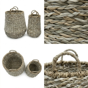 Natural Seagrass Recycled <b>Plastic</b> <b>Basket</b> Set Tapered Urn Vase Arch Handle Planter Pot Organizer Setup Decor Pure Art Room Design - Product Image 3