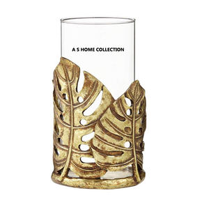 Golden Elegant Metal <b>Leaf</b> Design Round Long Shape Decorative Tea <b>Light</b> Hurricanes Candle Holder - Product Image 4