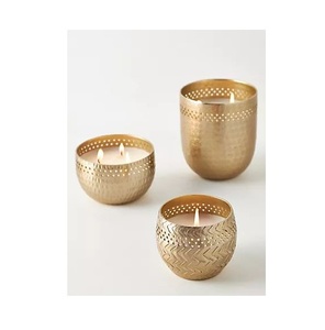 Juego de 3 candelabros votivos de metal hechos a mano con acabado dorado, ideal para bodas. - Product Image 1