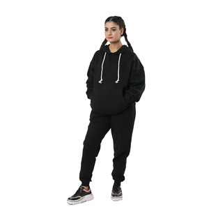 Ensemble de survêtement sans couture 100 % coton noir pour femme, personnalisable, grandes tailles, faible MOQ, en promotion - Product Image 1