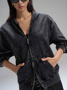 Sweat à capuche en coton polaire à double fermeture éclair pour femme Sweat-shirt coupe courte Rhinestone Distress Acid Washed Drop Shoulder Hoodie - Product Image 5