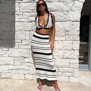 2024 Summer Beach Skirt Crochet Women's Sexy Backless Slim Striped Vest Knitted Long Skirt Vacation 2 piece Sweater Skirt