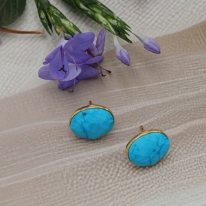 ต่างหูทรงหยดน้ำรูปไข่ประดับด้วยเทอร์ควอยซ์ทำมือ ชุบทอง 18K วัสดุทองเหลือง ดีไซน์หรูหรา ทันสมัย ประดับด้วยอัญมณีธรรมชาติ เหมาะสำหรับงานแต่งงาน ผู้หญิง - Product Image 1