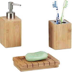 Ensemble d'accessoires de salle de bain en bambou 6 pièces avec poubelle distributeur de savon porte-savon porte-brosse à dents tasse à dents et brosse de toilette - Product Image 5