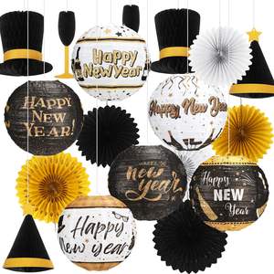 2026 Feliz Año Nuevo, farolillos de papel colgantes blancos y dorados negros, abanicos de papel, sombrero de copa de vino, juego de bolas de panal, recuerdo de fiesta - Product Image 1