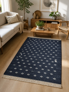 Alfombra Dhurrie de Algodón Azul Marino Hecha a Mano, Alfombra Reversible con Diseño de Rejilla Marroquí y Flecos para Dormitorio o Sala de Estar - Product Image 3