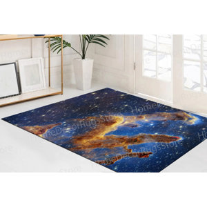Tapis en laine imprimé télescope spatial - Décoration de salle à manger Paysage nocturne - Tapis gobelin avec motif patchwork et envers en latex - Product Image 2