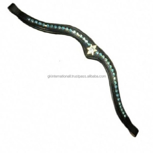 Bande de sourcils de cheval en cuir pur noir rembourré doux fait à la main confortable avec des cristaux verts décoratifs strass Bling et étoile - Product Image 2