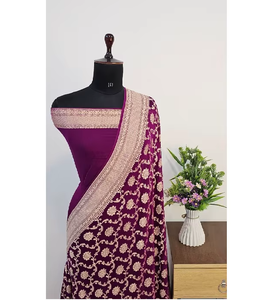 Pure Khaddi Georgette Handloom Banarasi Saree Fine <b>Fabric</b> Intricate Zari Weaving Elegant Luxurious Drape Wedding Party Sun - Product Image 3