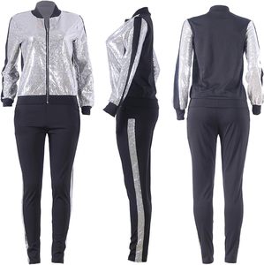 Glitter Sequin Outfits <b>Tracksuit</b> Jacket Tops Log Pants Sparkle Sweatsuit Club Wear <b>tracksuit</b> High waisted for <b>women</b> - Product Image 1