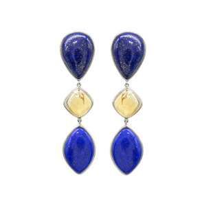 Boucles d'oreilles pendantes en argent sterling 925 avec lapis-lazuli et citrine cabochon taille coussin 11,28 CTW, trois pierres précieuses - Product Image 1