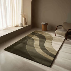 Olive Green Wool Area Rug with Modern Wavy Stripe Design | Contemporary Living Room Floor <b>Carpet</b> Minimalist Home Decor - Product Image 5