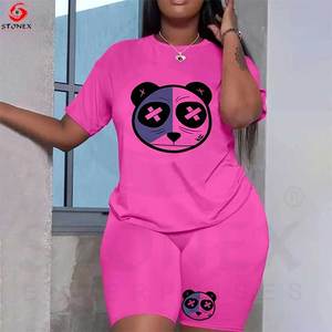 Vêtements de détente pour femmes Ensemble 2 pièces pour femmes Ensemble grande taille avec logos gonflés à personnaliser Ensemble chemise et short de motard en coton côtelé Vente en gros - Product Image 5