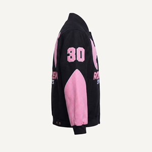 Custom Pink & Black Unisex Oversized Racer/<b>Bomber</b>/Streetwear <b>Jacket</b> Embroidered Patch % Cotton Quick Dry Breathable Plus Size - Product Image 4