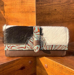 มาใหม่หนังวัวขนหนังแกะสลักผู้หญิงกระเป๋าสตางค์เคสโทรศัพท์มีสไตล์ร้อนขายตะวันตก Turquoise กระเป๋าสตางค์หนังนูน - Product Image 2