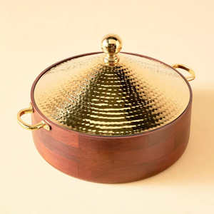 Bol de service royal clouté base dorée avec dessus en bois poli serveur de nourriture élégant pour servir des aliments et décoration de table - Product Image 4