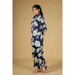 Classic <b>Blue</b> Cotton Co-Ord Set Stand Collar Buttondown <b>Tunic</b> Comfortable Wide-Leg Floral Pants for Polished Casual/Office Wear - Product Image 4