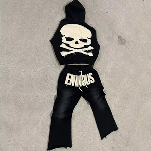 Conjunto de 2 Piezas de Pantalones Deportivos Holgados con Cremallera y Sudadera con Capucha de Algodón Unisex, Estilo Urbano Lavado con Bordado, Personalizado para Hombre, Invierno - Product Image 1