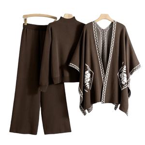 2025 Spring Lady Outfit Cozy Knit <b>Shawl</b> Pants Sets 3 Pieces With <b>Women</b> Turtleneck Sweater Wide Leg Trousers - Product Image 5