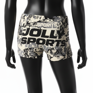 Shorts de sport pour femme en polyester et élasthanne de haute qualité, respirants, extensibles, couleur crème et noir, avec logo sublimé sur toute la surface. - Product Image 2