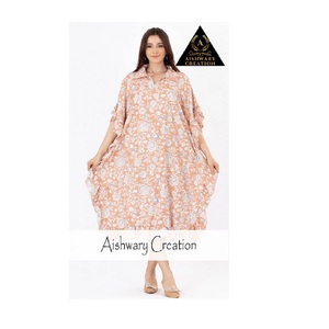 Robe midi élégante en coton brodé pour femme – Robe longue décontractée à manches trois quarts et coupe ample pour tous les jours - Product Image 1