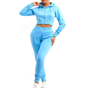 Conjunto de sudaderas con capucha cortas para mujer de color sólido de último estilo, conjunto de sudaderas con capucha cortas para mujer con logotipo personalizado - Product Image 1
