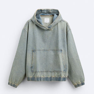 Sudaderas con capucha de mezclilla de diseño personalizado Y2K Streetwear Boxy Fit Oversized Pullover Sudadera con capucha recortada de peso pesado - Product Image 5