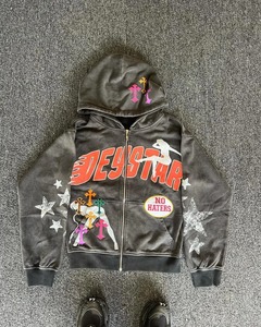 Sweat à capuche zippé en molleton coupe ajustée, style streetwear, avec logo imprimé personnalisé, effet délavé à l'acide, sans cordon, 100% coton, séchage rapide, respirant, pour homme, hiver - Product Image 4