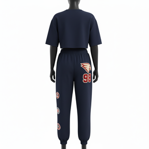 Ensemble haut court et pantalon de jogging en molleton de coton et polyester 320 GSM de haute qualité, bleu marine, avec logo personnalisé, pour femme - Product Image 3
