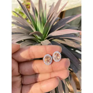 Vintage Trendy 925 Silver Oval Peach Morganite <b>Stud</b> <b>Earrings</b> 14K & 18K Gold Bezel Setting Diamond Zircon Inlay for Engagement - Product Image 3