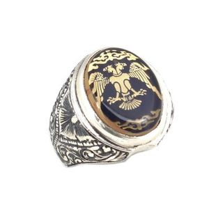 Bague pour homme en argent sterling 925 avec pierre d'ambre pressée, motif aigle Seljuk anatolien incrusté, sertissage clos, pour usage quotidien, turquoise - Product Image 1