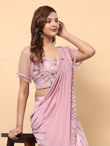 Sari de Alta Calidad para Mujer, Diseño de Última Moda, Bordado en Satén de Seda, Listo para Usar, para Fiestas y Festivales, por Fab Zone - Product Image 2