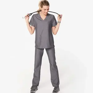 Clínica Dental Gris oscuro Enfermería Scrub Sets Manga corta Médico Mujeres y hombres Uniformes quirúrgicos de hospital