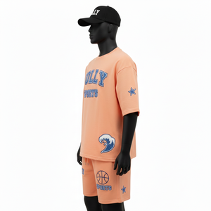 Men Premium Cotton Jersey <b>Shirt</b> and Short Set 220 GSM <b>Peach</b> Sportswear Screen Print Custom Logo Men's Jogging Short Set - Product Image 3
