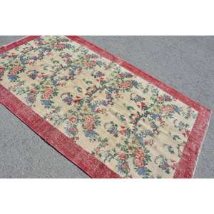 Vintage Turkish <b>Rug</b> Red Beige 4.6 X 8.2ft Large <b>Boho</b> Bohemian Area <b>Rug</b> 10mm Wool Latex Patchwork for Hallway for Room Decor - Product Image 4