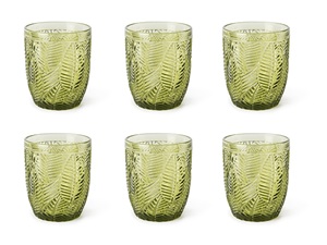 Juego de 6 vasos artesanales duraderos de 30 cl (10 fl oz) con diseño de hoja tropical exótica de vidrio coloreado de Excelsa - Product Image 2