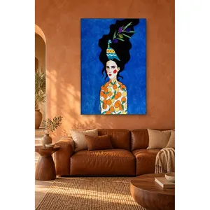 Impression sur toile Fida : Femme avec branche d'olivier, oiseau et imprimé orange - Product Image 2