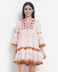 <b>Vintage</b> Ethnic Style Summer <b>Mini</b> Dress for Women 100% Cotton Floral Embroidered Lace Decoration New Spring Collection Breathable - Product Image 1