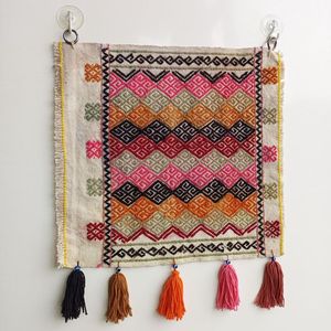 Tapis turc vintage Kilim tissé, décoration murale carrée, autocollant mural, broderie, franges, style moderne abstrait ethnique bohème, Diwali, anniversaire - Product Image 1