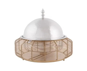 Elegant Stainless Steel Chafing Dish with Decorative Dome Lid and Gold Wire Basket Base Perfect for Catering and Events - Product Image 1